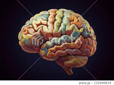 Colorful human brain digital painting with thick textured brush strokes on dark background concept of neurodiversity and mental health awareness 132040624