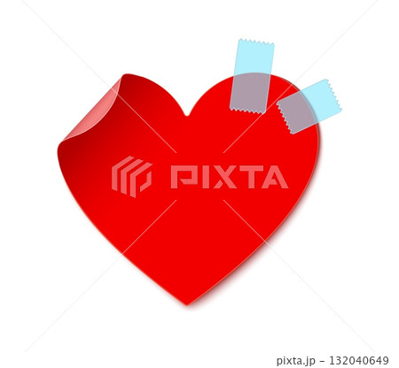 Valentine romance holiday red paper heart realistic sticker. Love day paper 3d sticker, romance heart shape adhesive vector memo note. Romantic holiday card with folded corner and blue adhesive tapes Valentine romance holiday red paper heart realistic sticker. Love day paper 3d sticker, romance heart shape adhesive vector memo note. Romantic holiday card with folded corner and blue adhesive tapes 132040649