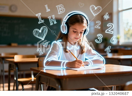Neurodivergent kid girl with headphones outlined in glowing blue lines writing calmly in school desk surrounded by floating math symbols expressing inclusive learning and focus Neurodivergent kid girl with headphones outlined in glowing blue lines writing calmly in school desk surrounded by floating math symbols expressing inclusive learning and focus 132040687
