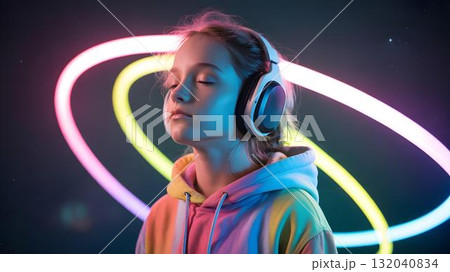 Neurodivergent kid girl with white headphones and colorful hoodie, eyes half closed, neon light trails orbiting head, concept of autism and sensory processing awareness Neurodivergent kid girl with white headphones and colorful hoodie, eyes half closed, neon light trails orbiting head, concept of autism and sensory processing awareness 132040834