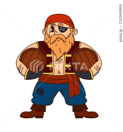 Retro cartoon groovy European pirate and corsair character with bandana and an eye patch, carrying wooden barrels. Isolated vector bearded sea sailor personage exudes swashbuckling y2k adventurer vibe 132040869
