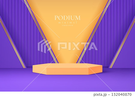 3d purple and orange podium cosmetics stage. Vector hexagonal geometric scene with modern diagonal striped background. Studio interior for beauty product presentation, display or branding mockups 132040870