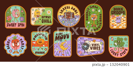 Retro groovy label stickers, funny hippie patches with funky characters, cartoon vector. Groovy stickers or patches with freaky disco ball, vinyl music vibes and donut or strawberry with happy face 132040901