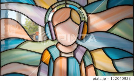 Stained glass portrait with headphones calm pastel waves around figure metaphor for sensory processing neurodiversity autism ADHD inclusion and therapeutic support 132040928