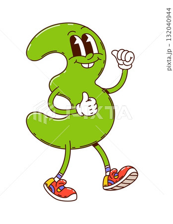 Cartoon groovy math number three character. Vector quirky school education personage with expressive eyes and thumbs up. Isolated green digit 3 perfect for children mathematics educational fun games 132040944