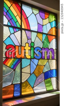 Bright stained glass window with autism in rainbow colors over abstract background symbolizing neurodiversity awareness therapy and inclusion 132040945