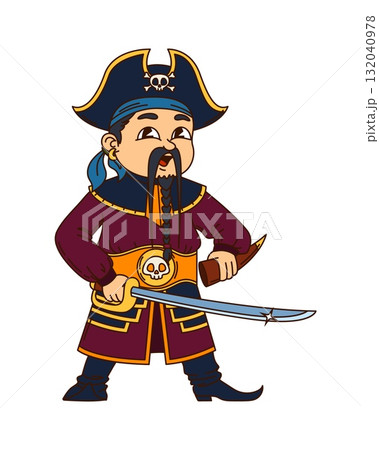 Asian cartoon pirate and corsair character in captain clothing, holding sword with a confident expression. Isolated vector groovy filibuster personage wearing a tricorn hat with a skull emblem Asian cartoon pirate and corsair character in captain clothing, holding sword with a confident expression. Isolated vector groovy filibuster personage wearing a tricorn hat with a skull emblem 132040978