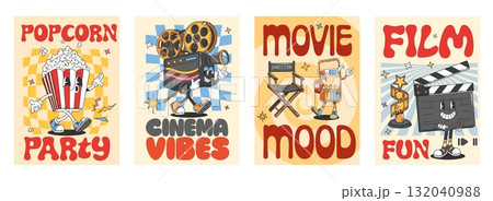 Hippie groovy movie characters on retro 70s posters for cinema theater, cartoon vector set. Retro posters with funny groovy movie characters of cinema camera, clapperboard and popcorn with funky face 132040988