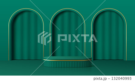 3D green podium with arch and curtains in niche and round column platform, vector background. Green podium stage, display pedestal or product showcase with arches in golden frames and curtain drapes 132040993