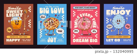 Funny dessert and sweet groovy characters posters with confectionery, vector set. Cartoon groovy donut character with funky face and cotton candy with yummy tongue, honey jar and apple pie on posters Funny dessert and sweet groovy characters posters with confectionery, vector set. Cartoon groovy donut character with funky face and cotton candy with yummy tongue, honey jar and apple pie on posters 132040995
