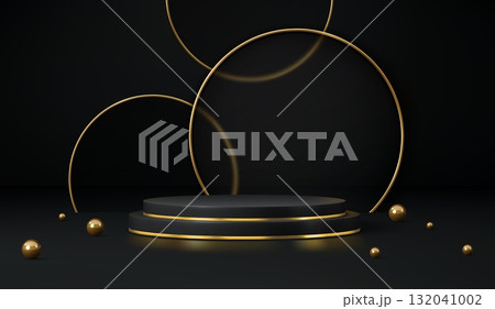 3d black podium cosmetics stage with golden frames. Vector gold round platform, glowing rings and floating spheres. Realistic luxury background for presentation, cosmetic display, product promotion 3d black podium cosmetics stage with golden frames. Vector gold round platform, glowing rings and floating spheres. Realistic luxury background for presentation, cosmetic display, product promotion 132041002