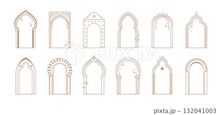Arabian boho frames, Islamic, Arabic and Moroccan gate doors and window shapes. Ramadan Muslim vector set of linear mosque interior elements. Arab arcs portals with stars and crescents for Eid Mubarak 132041003