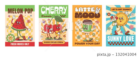 Hippie groovy food characters on posters with funny fruits, cartoon retro vector set. Groovy posters, hippie sun and funky coffee cup, watermelon character with smile on face and cherry play guitar Hippie groovy food characters on posters with funny fruits, cartoon retro vector set. Groovy posters, hippie sun and funky coffee cup, watermelon character with smile on face and cherry play guitar 132041004