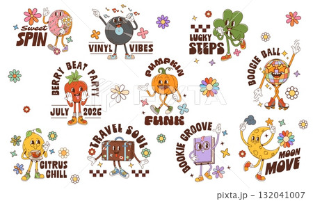 Retro Y2K groovy stickers with funny funky characters or emoji, cartoon vector set. Groovy stickers with freaky disco boogie ball and book emoticon, music disc with travel bag and good vibes quote Retro Y2K groovy stickers with funny funky characters or emoji, cartoon vector set. Groovy stickers with freaky disco boogie ball and book emoticon, music disc with travel bag and good vibes quote 132041007