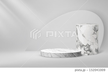 3d grey marble podium stage pedestal for fashion and cosmetic presentation. Vector realistic stone round platform in luxury mockup with spotlight. Grey and white high and low exhibition display 3d grey marble podium stage pedestal for fashion and cosmetic presentation. Vector realistic stone round platform in luxury mockup with spotlight. Grey and white high and low exhibition display 132041009