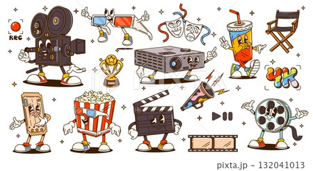 Cartoon groovy cinema characters and retro hippie movie theater vector personages. Happy groovy cinema ticket, 3d glasses, movie camera and clapperboard, film reel, projector and popcorn characters 132041013