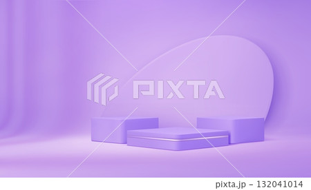 Purple podium stage with pedestals for product display or showcase, vector background. Premium luxury purple or lilac podium stage of square platforms with rounded edges and circle wall panel display 132041014