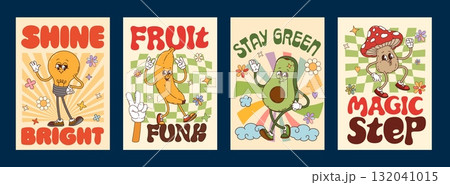 Cheerful groovy characters posters with psychedelic mushroom and funky avocado, cartoon vector. Retro groovy posters with funny light bulb lamp and banana with cool gesture sign and smile on face 132041015
