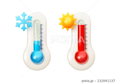 Realistic glass 3d thermometer icons with ice snowflake and sun Realistic glass 3d thermometer icons with ice snowflake and sun 132041137