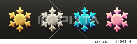 3d snowflake icons. Golden, silver, blue and pink snowflakes 3d snowflake icons. Golden, silver, blue and pink snowflakes 132041140
