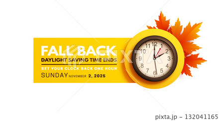 Fall back. Daylight saving time ends banner with realistic clock 132041165