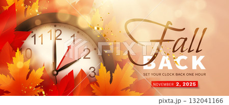 Fall Back. Daylight saving time ends banner with realistic clock 132041166