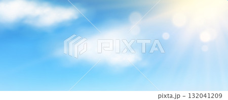 Blue sky with sun rays, bokeh and realistic white clouds 132041209
