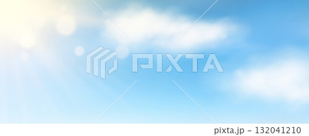 Horizontal banner with sun rays, bokeh and realistic white clouds Horizontal banner with sun rays, bokeh and realistic white clouds 132041210