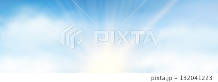 Sun rays, realistic white clouds on blue pastel sky background Sun rays, realistic white clouds on blue pastel sky background 132041223