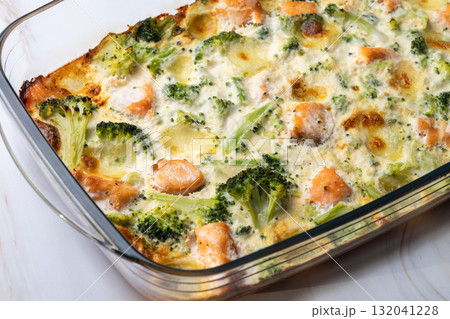 Homemade salmon and broccoli casserole with mozzarella cheese 132041228