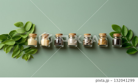 Seven small glass jars filled with various spices are lined up neatly 132041299