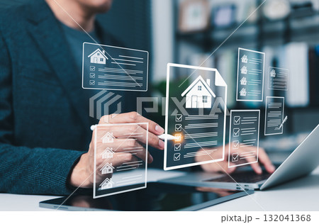 Real Estate Property Management and Checklist Concept. Person working with icons of houses and checklists, real estate property management, evaluation, housing inspection, and task tracking processes. Real Estate Property Management and Checklist Concept. Person working with icons of houses and checklists, real estate property management, evaluation, housing inspection, and task tracking processes. 132041368