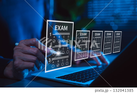 Online Exam and Digital Assessment Concept. Man using laptop with virtual exam sheets and multiple choice answers, symbolizing online testing, quiz, survey, education, questionnaire, remote assessment Online Exam and Digital Assessment Concept. Man using laptop with virtual exam sheets and multiple choice answers, symbolizing online testing, quiz, survey, education, questionnaire, remote assessment 132041385