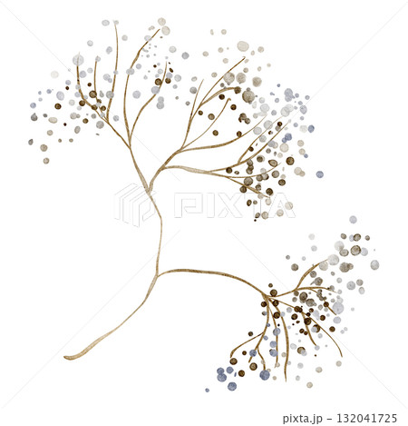 Delicate dried yarrow stem, painted in watercolor, isolated on a white background. A minimalist botanical design for cards or invitations. Ideal for minimalist and nature-inspired design projects. 132041725