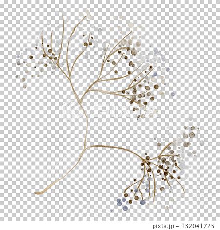 Delicate dried yarrow stem, painted in watercolor, isolated on a white background. A minimalist botanical design for cards or invitations. Ideal for minimalist and nature-inspired design projects. 132041725