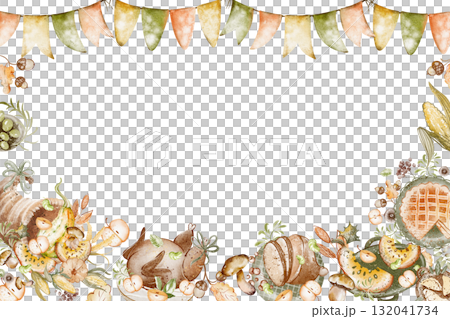 Watercolor frame for Thanksgiving Day celebration. Perfect for greeting cards, invitations. Features food, pumpkin, turkey, invitations, banners. Seasonal illustration for posters and holiday designs. Watercolor frame for Thanksgiving Day celebration. Perfect for greeting cards, invitations. Features food, pumpkin, turkey, invitations, banners. Seasonal illustration for posters and holiday designs. 132041734