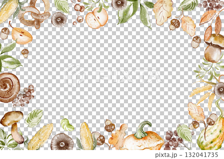 Rectangular template frame with pumpkins, mushrooms, leaves, and acorns. Autumn watercolor illustration for Thanksgiving, harvest, holiday, greeting, or invitation. 132041735