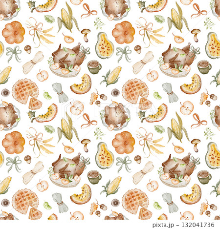 Watercolor seamless pattern celebrating Thanksgiving with seasonal elements like pumpkin, turkey, acorn, festive food. Cute autumn backdrop. Leaves, harvest, wrapping paper, textile, wallpaper. 132041736