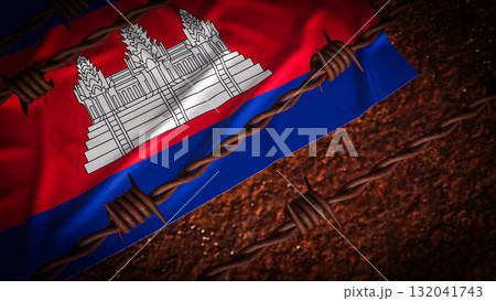 The Cambodia flag and barbed wire for Background 3d Rendering. 132041743
