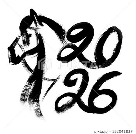 Print Abstract ILLUSTRATION of the year 2026 with a horse drawn in the style of Chinese calligraphy Print Abstract ILLUSTRATION of the year 2026 with a horse drawn in the style of Chinese calligraphy 132041837