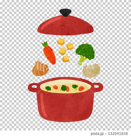 Red pot and stew ingredients watercolor hand-drawn illustration 132041838