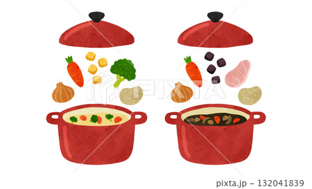 カレーとシチューの材料鍋セット　水彩風手描きイラスト 132041839