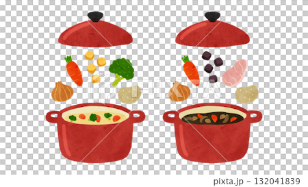 カレーとシチューの材料鍋セット　水彩風手描きイラスト 132041839