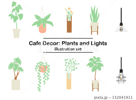 イラスト素材: カフェの植物と照明のセット イラスト素材: カフェの植物と照明のセット 132041911