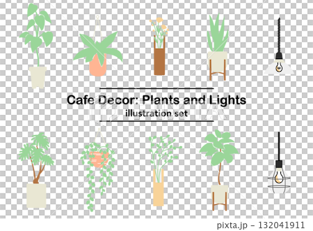 圖庫插圖: 咖啡館植物和照明設備 圖庫插圖: 咖啡館植物和照明設備 132041911