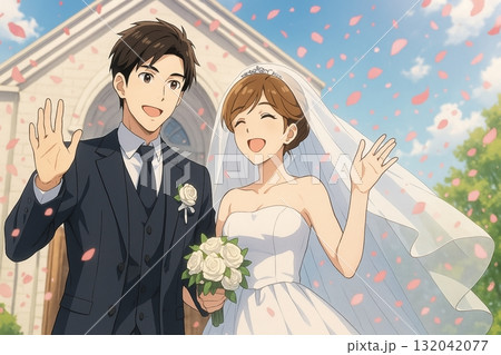 チャペル前の幸せな新郎新婦　花びらが舞う晴れの日のウェディング 132042077