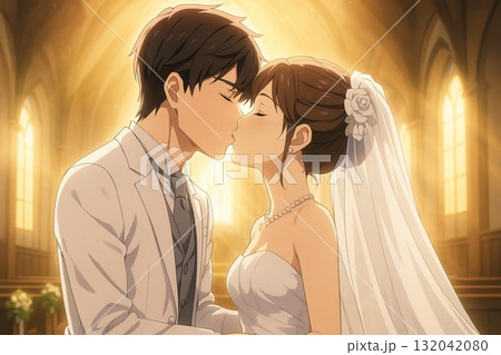 教会での誓いのキス　永遠の愛を誓う新郎新婦 132042080