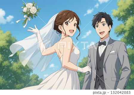 笑顔でブーケを投げる花嫁　晴れやかな屋外ウェディング 132042083