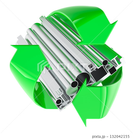 Aluminum profiles recycling, metal tubes with green recycle arrows. 3D rendering 132042155