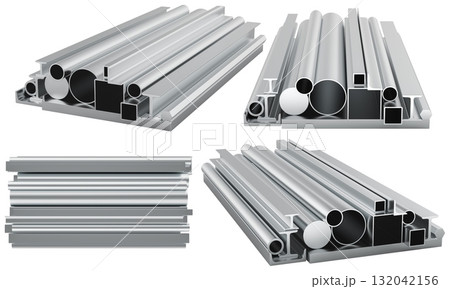 Aluminum profiles set, collection of metal tubes and extrusions, multiple angles. 3D rendering 132042156